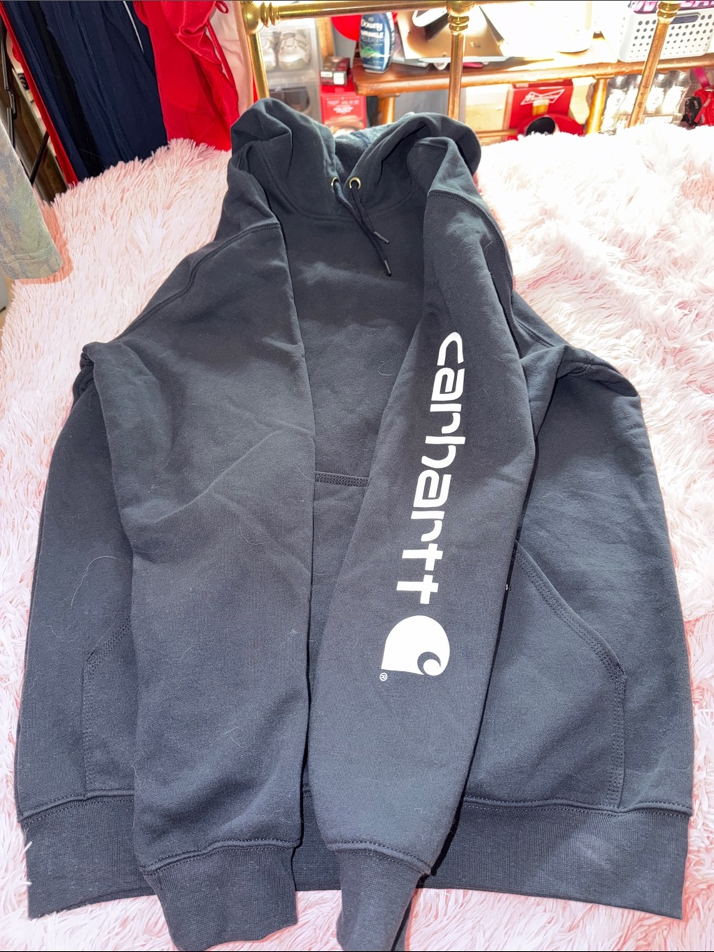 Carhartt Navy Blue Pullover Hoodie with White Sleeve Logo